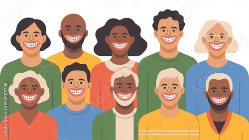 Diverse group of smiling people from various ages and ethnicities standing together in colorful casual wear