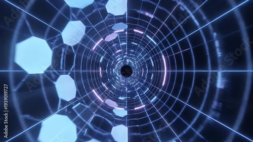 Futuristic, neon tunnel with radiating lines and circular structure, dark void in the center