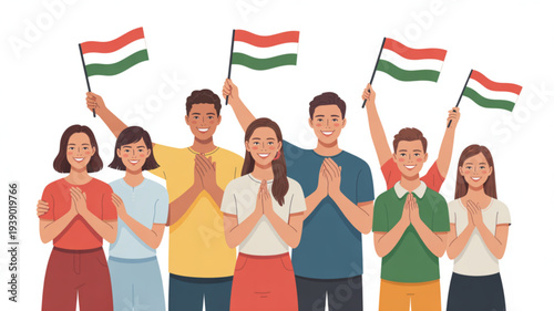 Diverse group of people holding indian flags and showing respect in a flat illustration with white background and vibrant colors