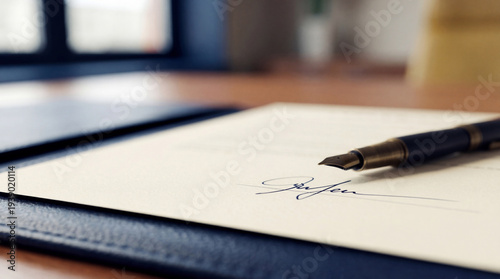 Authentic photograph of a classic fountain pen resting on a formally signed document.