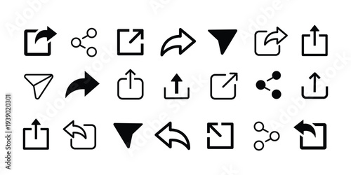 Share Upload Export Arrow Icons Set Outline and Silhouette Style Vector
