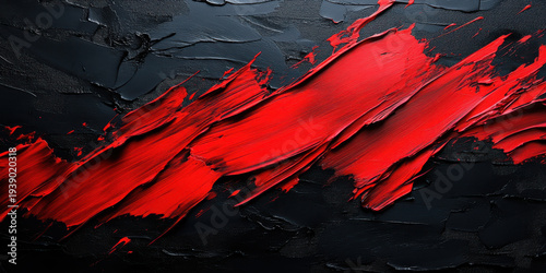red abstract brushstroke drips dramatically across textured dark navy canvas