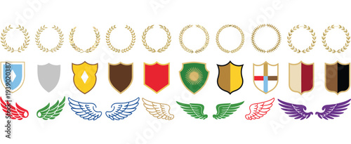 Laurel Wreath, Shield, Wing and Gold Ribbons Vector Set – Elegant Heraldic Elements, Award Decorations, and Emblems for Certificates, Insignias, Logos and Design Projects