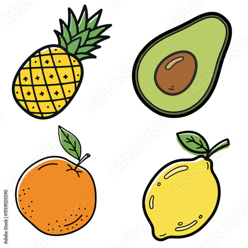 pineapple avocado orange and lemon fruits icon set cartoon clipart