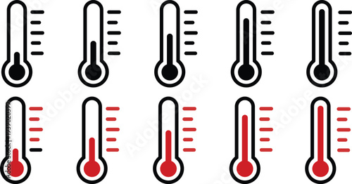 Thermometer Temperature Gauge Icons Set Black and Red Style Vector