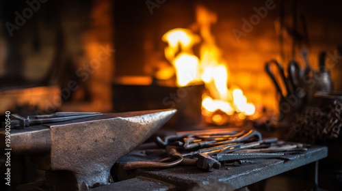 silversmith. Traditional silversmith workshop with forge firelight reflecting on metal surfaces and arranged tools. safety posters.
