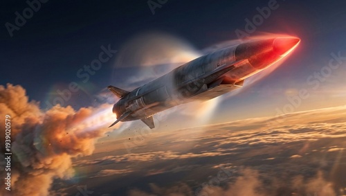 Hypersonic missile flying at high speed above clouds, advanced military technology, strategic defense, aerospace engineering, tactical weapon system.