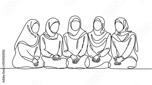 Continuous line drawing of five women wearing hijabs sitting together in a row hands clasped minimalist style simple background