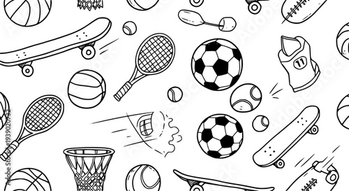 Sports and Active Lifestyle Equipment Hand-Drawn Black  White Line Art Seamless Pattern with Skateboards, Balls, and Rackets