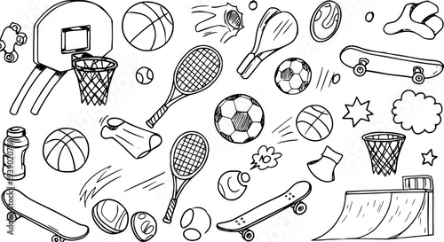 Black and White Line Art Doodle of Sports Equipment and Activities