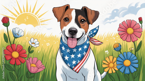 Happy dog wearing patriotic bandana standing in a colorful flower field on a sunny day with clear blue sky