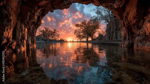 Vibrant sunset view through a rocky cave over reflecting water