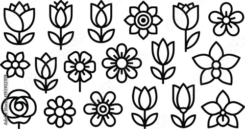 Set of 16 flower icons vector, black and white, line art
