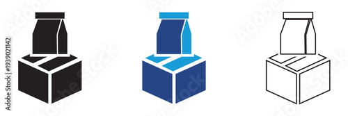 Distribution for Packaging icon. Minimal vector icon set showing an open package box with curved arrow above it, representing product return, exchange, or reverse logistics.