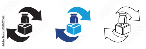 Distribution for Packaging icon. Minimal vector icon set showing an open package box with curved arrow above it, representing product return, exchange, or reverse logistics.