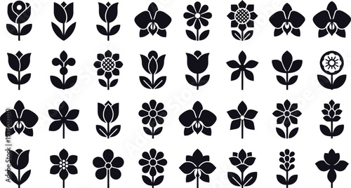 Set of 25 black flower icons vector