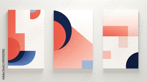 Free Download Three abstract geometric posters with coral, blue, and white shapes. - GFXLoad