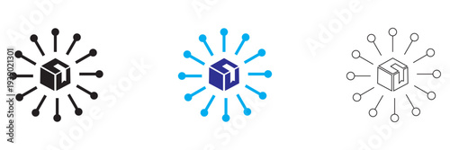 Distribution for Packaging icon. Minimal vector icon set showing an open package box with curved arrow above it, representing product return, exchange, or reverse logistics.