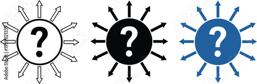 Three question mark symbols with arrows