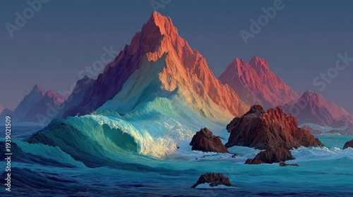 Colorful surreal mountain range with ocean waves and rocky peaks