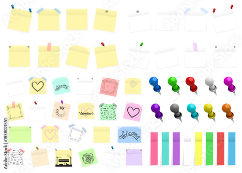 Mega pack of colored office paper stickers and metal pins with shadows isolated on transparent background. Reminder tag elements mock up. Vector illustration