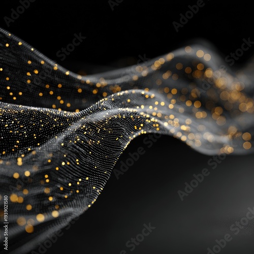 Abstract digital artwork featuring flowing translucent mesh with scattered golden light particles