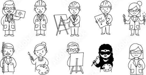 Black and white line art of diverse professionals: doctor, engineer, artist, scientist
