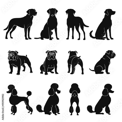 Black dog silhouettes vector set showing different dogs and animals in simple illustration style