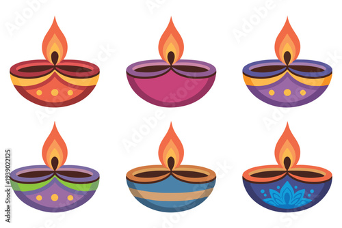 Set of six decorative Diwali oil lamps on a white background. Traditional Indian Diya lamps for Diwali festival celebration. 