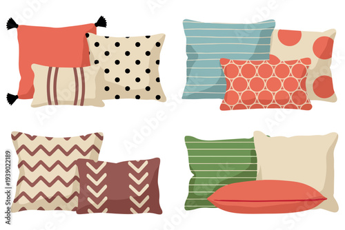Decorative pillow sets with various patterns and textures. Collection of cozy pillows in different colors and shapes. 