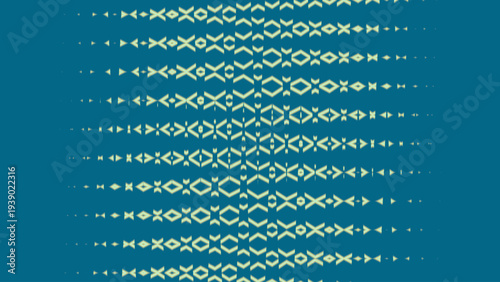 Abstract tribal geometric pattern with symmetrical yellow motifs on teal background cultural decorative repetitive digital artwork design