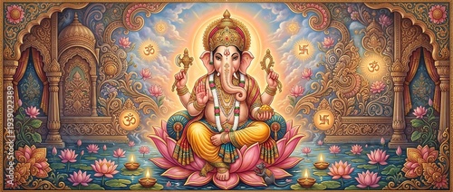 Vibrant Divine Ganesha Illustration Symbolizing Prosperity and Wisdom amidst Sacred Indian Artistry and Spiritual Serenity