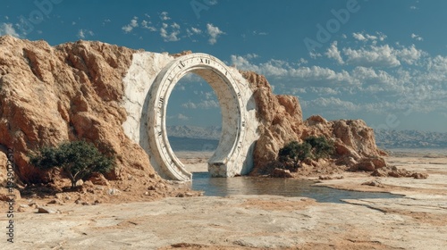 Surreal white clock portal in a barren desert stone landscape
