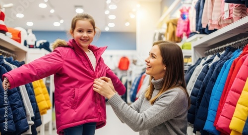 Mother helping her daughter try on a pink jacket in a store.