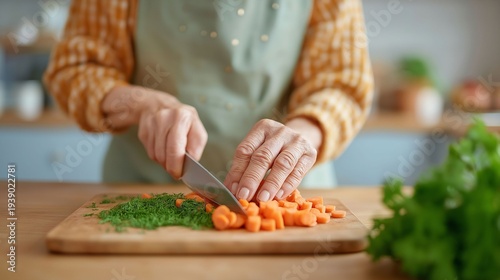 Wallpaper Mural A skilled cook chops bright orange carrots and aromatic herbs on a wooden board. Sunlight streams into the warm kitchen, enhancing the inviting atmosphere of culinary creativity Torontodigital.ca