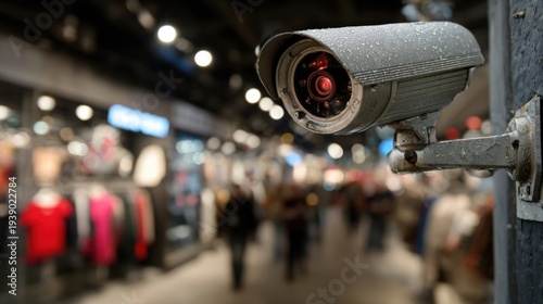 Security camera with raindrops monitoring a busy retail clothing store