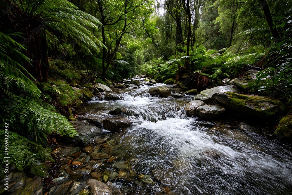 Obraz premium A fast-flowing stream cascading over smooth stones, creating natural foam patterns, framed by ferns and dense forest