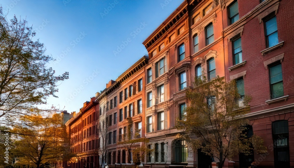 Obraz premium Charming Brownstones and Autumn Foliage in a Historic Urban Setting.