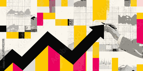 Abstract graphic of a rising arrow over a colorful geometric background