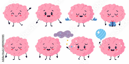 Cute cartoon brains with various expressions and celebratory elements