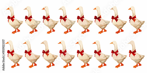 A line of white geese each wearing a bright red bow around their necks