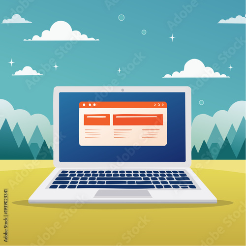 A laptop displaying a modern website interface, set against a backdrop of rolling hills and a cloudy sky, symbolizing digital connection and online presence