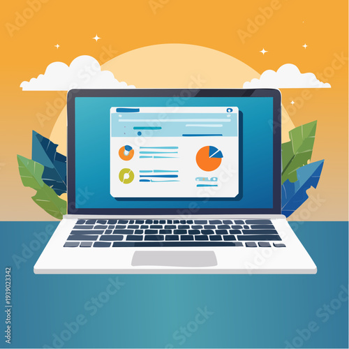 Modern laptop displaying a comprehensive data dashboard with charts and graphs, representing business analysis and technological progress in a digital work environment and online collaboration