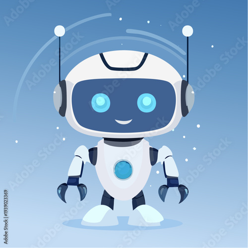 Cute robotic character with bright blue eyes and antennas, representing futuristic technology and artificial intelligence in a friendly and approachable manner
