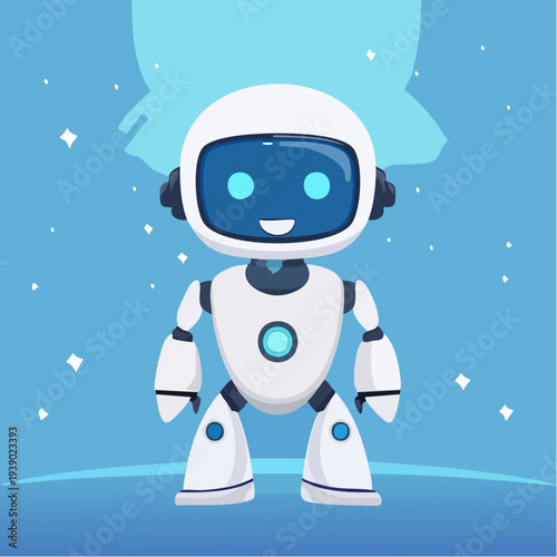 Adorable cartoon robot character standing on a glowing blue platform with starry background, showcasing a friendly and approachable design with bright blue eyes