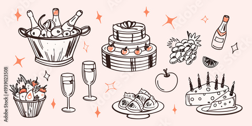 Celebratory doodles featuring champagne cake and festive party elements