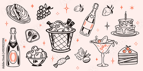 Celebratory food and drink illustrations with sparkling accents on pink