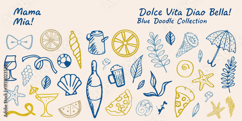 Doodle illustrations of summer items food drinks and seaside elements