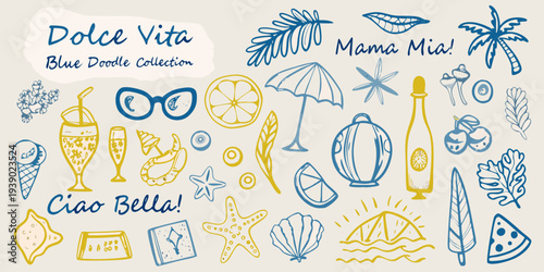 Italian summer doodles featuring beach items and playful lettering