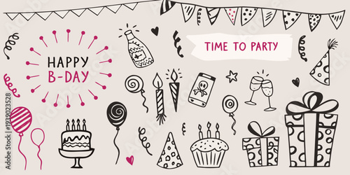 Hand drawn birthday doodles and decorations with a festive celebratory theme
